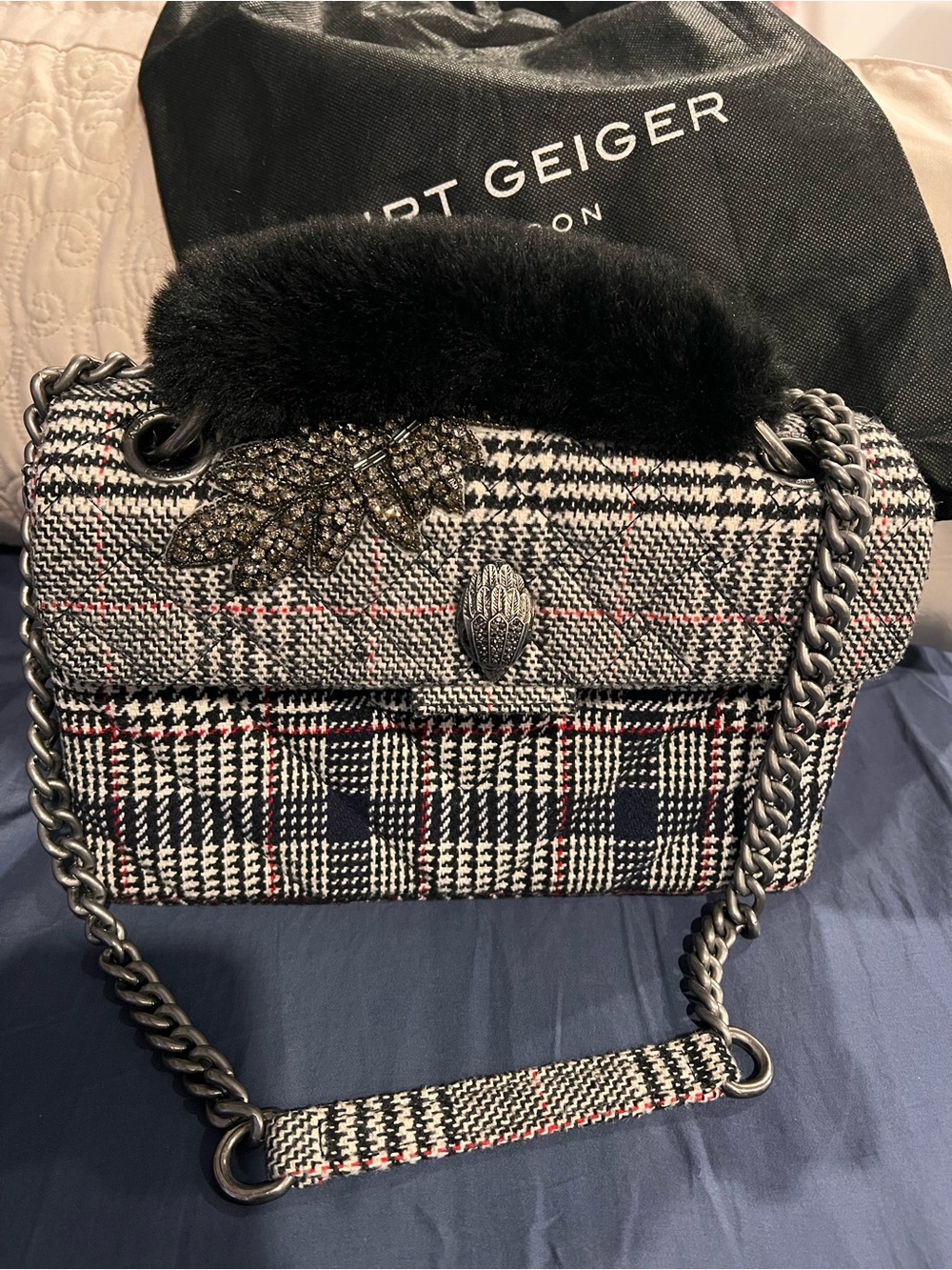 Kurt Geiger Black/White Plaid Beaded Accent Shoulder Bag